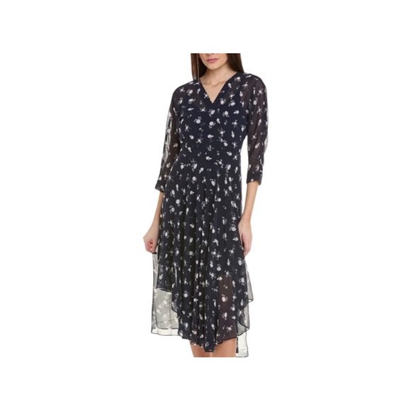 CAbi Dresses & Skirts - CABI.   Women’s Navy White Floral Print Sheer Dolman Sleeves Midi Dress 6